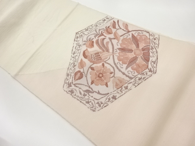 手織り紬変わり亀甲に鳥・花唐草模様織出し名古屋帯